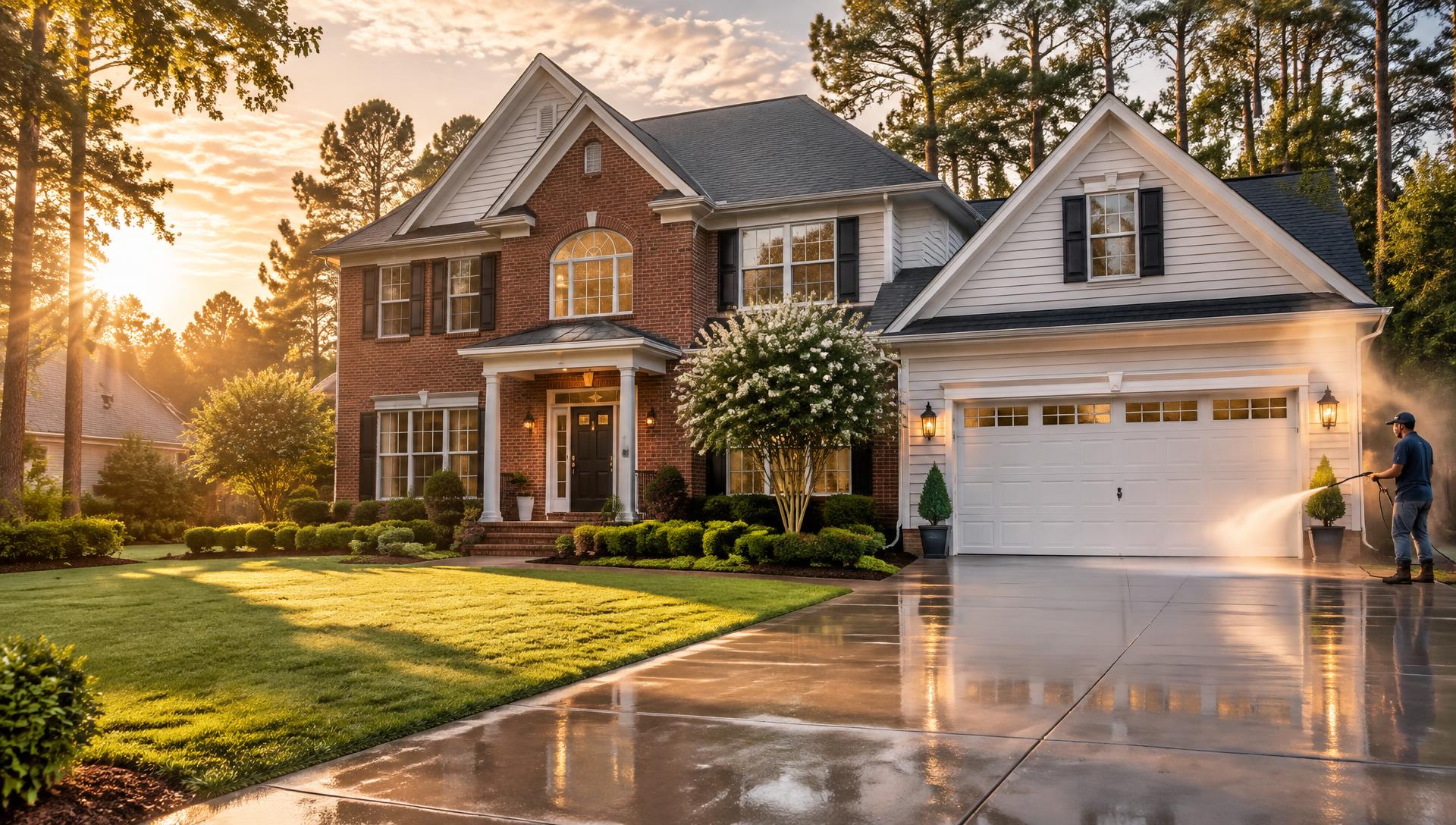 Freshly soft washed brick home in Raleigh at sunset